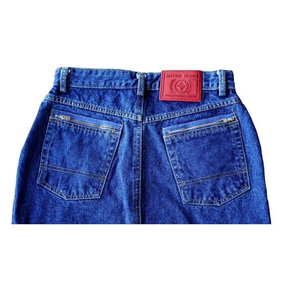 90s Blue Jean Mini Skirt by Mixed Blues Size 11 Dark Wash Denim Red Patch Zipper - Picture 4 of 8